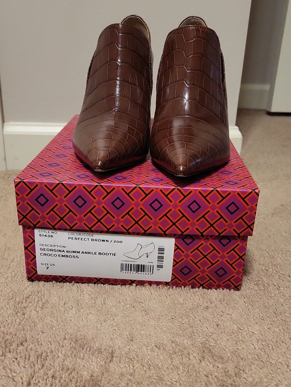 Tory Burch Croc-Embossed Brown Pointed Ankle Booties